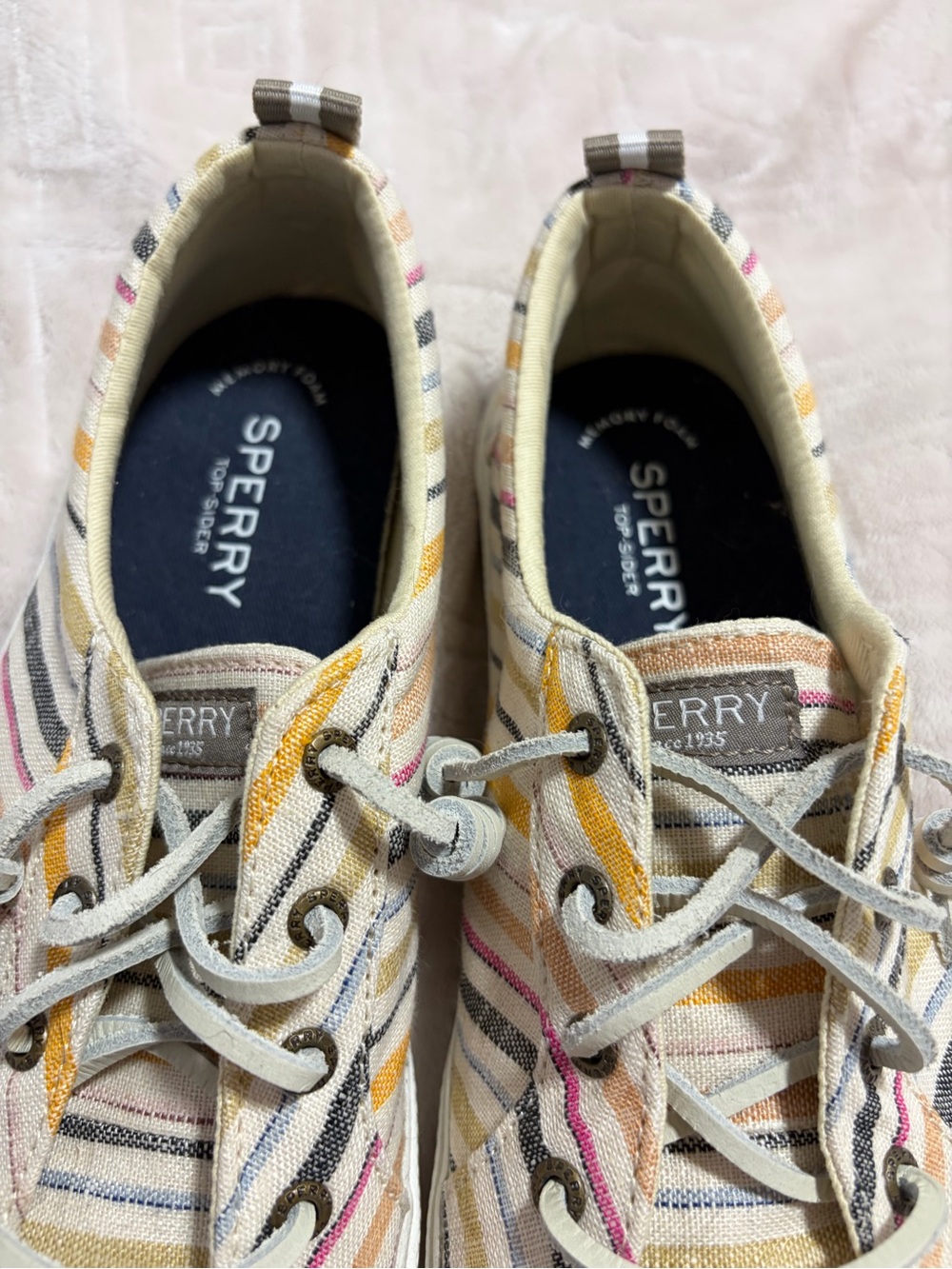 Sperry Striped Canvas Low-Top Sneakers in Yellow, Pink, Navy and Cream - Picture 2 of 4